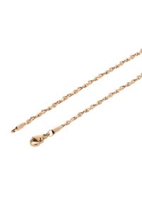 Goldfarbene Kettenhalskette mit gedrehten Gliedern und einem Karabinerverschluss. Glatte Textur mit einem reflektierenden Finish.