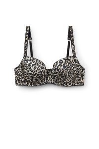 Biustonosz w leoparda z czarnymi ramiączkami, usztywnianymi miseczkami i falbaniastym wykończeniem. Charakteryzuje się gładką teksturą materiału i wyraźnym kształtem.