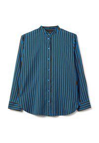 Long-sleeve button-up shirt with vertical blue and brown stripes, narrow collar, and buttoned cuffs, laid flat on white background.