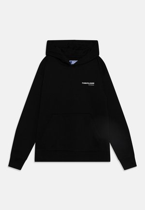 Hoodie noir avec une poche kangourou, arborant un petit logo blanc sur la poitrine. Fabriqué en matériau doux, avec une capuche à cordon de serrage et des poignets côtelés.