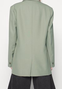 Blazer verde chiaro con vestibilità su misura, colletto a risvolto e spacco posteriore singolo. Presenta polsini con bottoni e una texture del tessuto liscia.