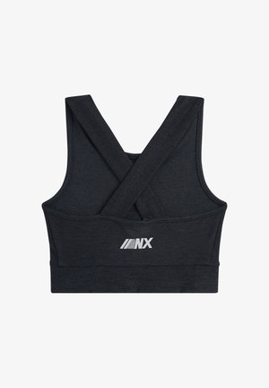 Donkergrijze sportbeha met een gladde textuur, kruisbandjes, brede onderband en witte logodetails. Ontworpen voor actief gebruik.