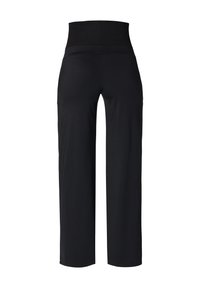 Zwarte wijde broek met een hoge, rekbare tailleband. Gemaakt van zachte stof, met een strak ontwerp en zonder zichtbare zakken of patronen.