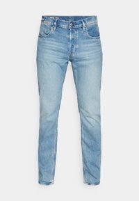 Ljusblå denimjeans med rak passform, med fem fickor, bältesöglor, dragkedja och subtila blekningar på låren.