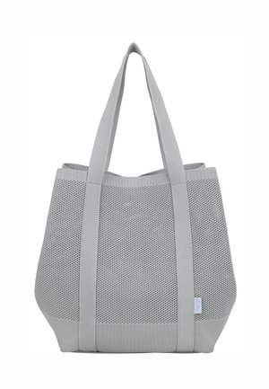 Gray mesh tote bag with two long handles and a small side tag, shown against a white background.