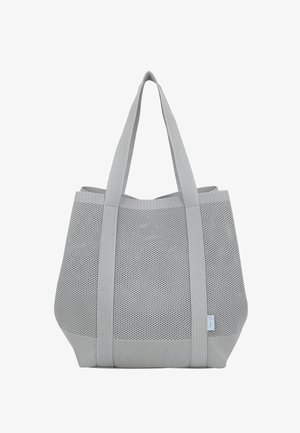 Gray mesh tote bag with two long handles and a small side tag, shown against a white background.