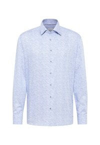 Camicia button-up a maniche lunghe di colore blu chiaro con delicato motivo paisley bianco e colletto classico, esposta su uno sfondo bianco semplice.