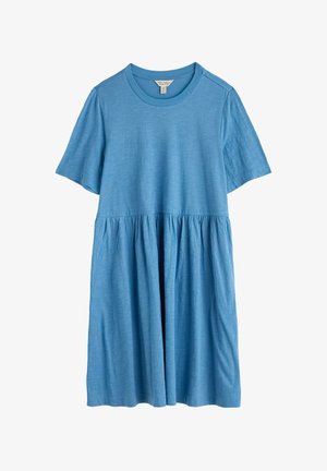 Kék rövid ujjú ruha texturált anyagból, fodros derékkal és ellazult, A-vonalú fazonnal, oldalzsebekkel.