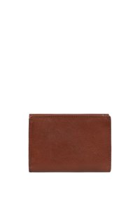 Portafoglio in pelle marrone con texture liscia, forma rettangolare e bordi cuciti. Nessun hardware visibile o pattern aggiuntivi.