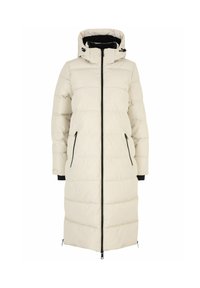 Lange beige gewatteerde winterjas met capuchon, zwarte binnenvoering, rits aan de voorkant en ritszakken aan de zijkant.