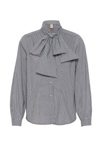 Blusa a righe navy e bianco, con colletto a fiocco, maniche lunghe e bottoni frontali. Tessuto morbido e leggero.