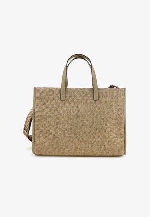 Bruine geweven draagtas gemaakt van textuurmateriaal met groene leren accenten en handvatten. Voorzien van een afneembare schouderriem.