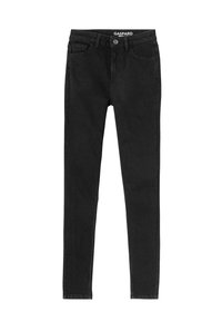 Jeans skinny en denim noir avec un design classique à cinq poches, une texture lisse et une fermeture à bouton en métal à la taille.