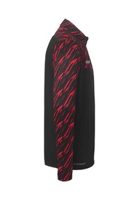 Zwarte sportjack met lange mouwen en een rood zigzagpatroon, hoge kraag en ademend materiaal voor comfort.