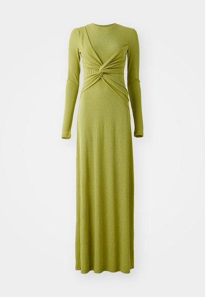 Dlhé rukávy, olivovo zelené maxi šaty vyrobené z mäkkého materiálu, s twisted predným dizajnom a dĺžkou po zem.