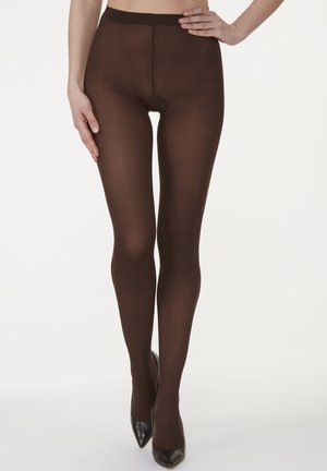 Brown opaque tights with a smooth texture, closed toe, and a wide elastic waistband, paired with black high-heeled shoes.