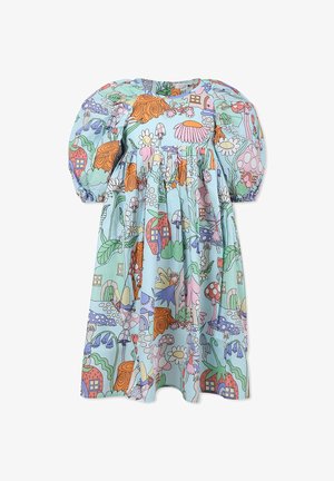 Robe colorée à manches bouffantes, fabriquée en tissu léger. Présente un motif fantaisiste de fleurs, de champignons et de maisons dans des teintes pastel.