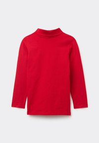 Rotes Langarm-Turtleneck-Oberteil aus glattem Baumwollmaterial, mit tailliertem Schnitt, hohem Kragen und verstärkten Nähten am Saum und an den Bündchen.