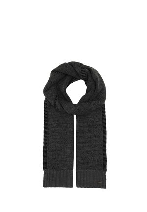 Dark gray knitted wool scarf with ribbed ends and subtle pattern, folded in a loop.