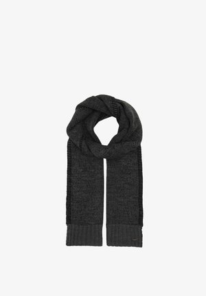 Dark gray knitted wool scarf with ribbed ends and subtle pattern, folded in a loop.