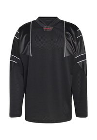 Crna duga majica s dugim rukavima od džersija s mrežastom teksturom, kontrastnim bijelim prugama na rukavima i ovratnikom u obliku slova V; logo marke u crvenoj boji.