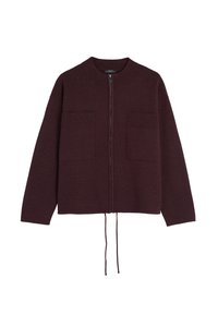 Cardigan bordo cu fermoar, cu mâneci lungi, având o textură ribbed și două buzunare frontale. Conține șnur la margine. Material tricotat moale.