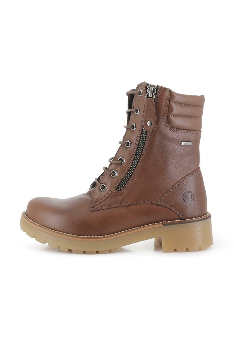 Bota de tobillo de cuero marrón con puntera redondeada, cremallera lateral y suela gruesa de goma. Cuenta con cordones y un cuello acolchado para mayor comodidad.