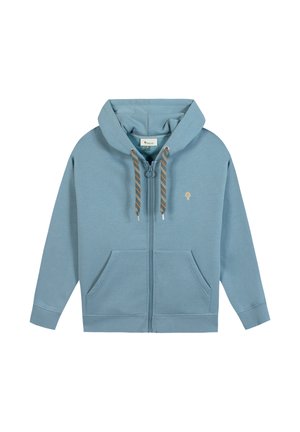 Sweat à capuche bleu clair avec fermeture éclair, cordons à motif, poches avant et un petit logo d'arbre sur la poitrine gauche.