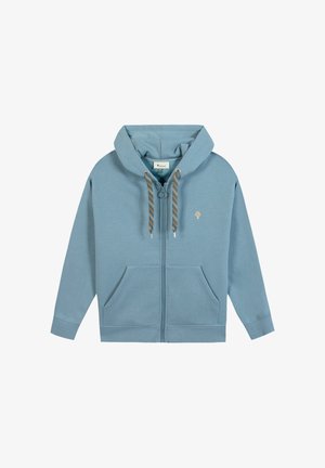 Sweat à capuche bleu clair avec fermeture éclair, cordons à motif, poches avant et un petit logo d'arbre sur la poitrine gauche.