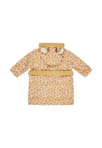 Accappatoio in pile con stampa animale gialla e marrone, dotato di cappuccio con orecchie, maniche lunghe e cintura annodabile. Texture morbida.