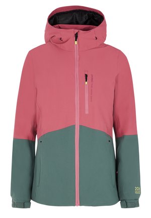 Roze en groene waterdichte jas met een capuchon, voorzien van een ritssluiting aan de voorkant, zijzakken en verstelbare manchetten. Gladde textuur en modern kleurblokontwerp.