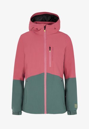 Wasserdichte Jacke in Pink und Grün mit Kapuze, ausgestattet mit einem Reißverschluss vorne, seitlichen Taschen und verstellbaren Bündchen. Glatte Textur und modernes Farbblockdesign.