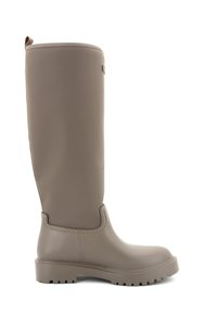 Stivale in gomma impermeabile fino al ginocchio di colore grigio con finitura liscia, suola testurizzata per una buona presa e dettagli di cucitura.