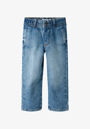 Lichtblauwe denim kinderbroek met elastische tailleband, knoop, voorzakken en rechte pijpen.