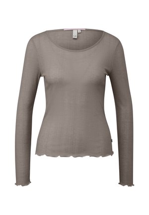 Dámske top s dlhým rukávom, rebrovaný, farby taupe, s okrúhlym výstrihom a jemne volánovými lemami na rukávoch a spodnej časti.