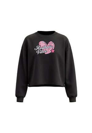 Sort langærmet sweatshirt med ribbet manchet og kant, med et lyserødt ternet hjerte, stjerne og tekst "Aesthetic Vibes" på brystet.