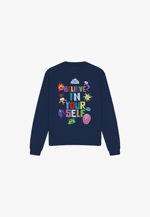 Navy sweatshirt featuring colorful, cartoon-like characters and the text "BELIEVE IN YOUR SELF" in bold letters. Cotton blend material, crewneck design.