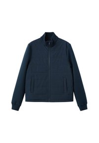 Mornarsko plava lagana jakna s punim prednjim patentnim zatvaračem, rebrastim ovratnikom i manžetama te dva vertikalna bočna džepa.