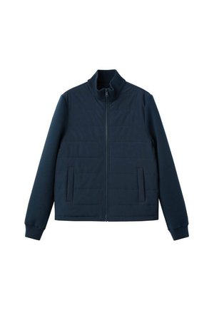 Temno modra lahka jakna z zadrgo po celotni sprednji dolžini, rebrastim ovratnikom in manšetami ter dvema vertikalnima stranskima žepoma.