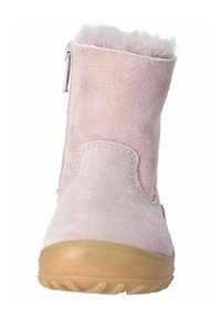 Stivaletti alla caviglia in suede rosa con punta tonda, chiusura con zip, morbida fodera in pelliccia nella parte superiore e suola in gomma flessibile.