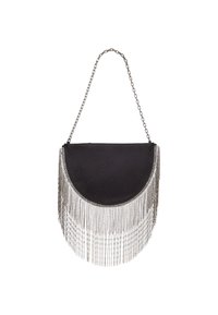 Black fringe handbag with a curved shape, embellished with metallic beads. Features a silver chain strap and textured fabric surface.