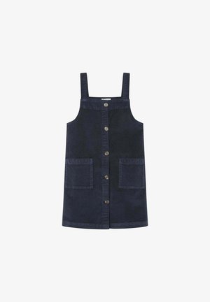 Vestido de mezclilla azul marino con tirantes, cierre de botones en el frente y dos grandes bolsillos de parche en la parte delantera.