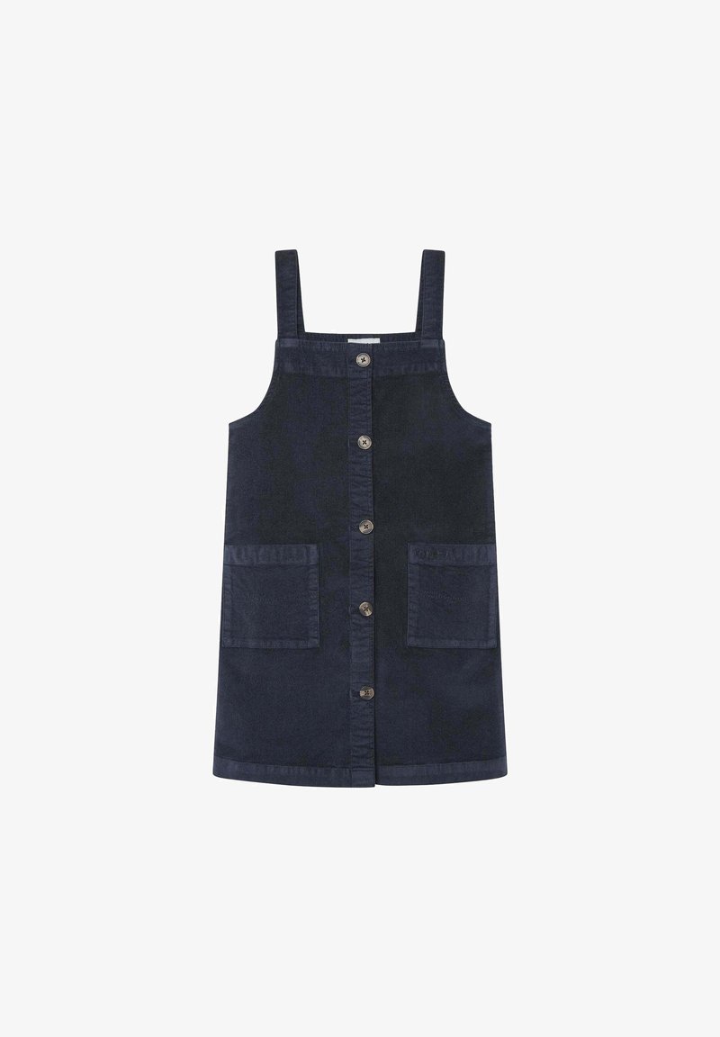 Vestido de mezclilla azul marino con tirantes, cierre de botones en el frente y dos grandes bolsillos de parche en la parte delantera.