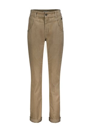 Lysebrune chinos med en glat tekstur, lige ben-design, frontlommer og manchetter i bunden. Har en central knap- og lynlåslukning.