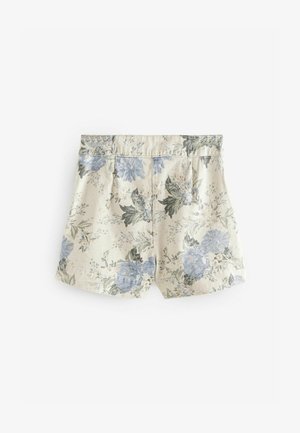 Blumen-Shorts aus leichtem Stoff, mit einem cremefarbenen Hintergrund und blau-grünen Blumenmustern. Elastischer Taillenbund mit Falten.