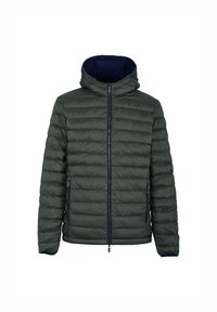 Giacca verde imbottita con cappuccio, design a righe verticali, cerniera frontale e tasche laterali. Presenta un'imbottitura interna blu navy. Texture morbida.