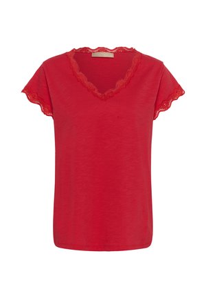 Sarkans īss piedurkņu sieviešu tops ar mežģīņu apdari gar V-veida izgriezumu un piedurkņu malām, izgatavots no viegla auduma.