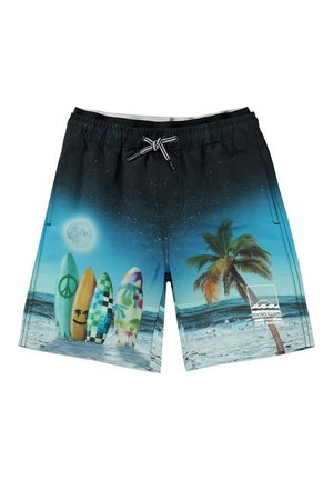 Pantaloni da bagno da uomo con un vivace motivo oceanico, tavole da surf multicolori, palma e un cielo illuminato dalla luna. Vita elastica, cordoncino.