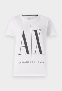 White cotton T-shirt featuring black "AX" logo and "ARMANI EXCHANGE" text. Classic crew neckline, short sleeves, and relaxed fit.