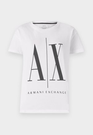White cotton T-shirt featuring black "AX" logo and "ARMANI EXCHANGE" text. Classic crew neckline, short sleeves, and relaxed fit.